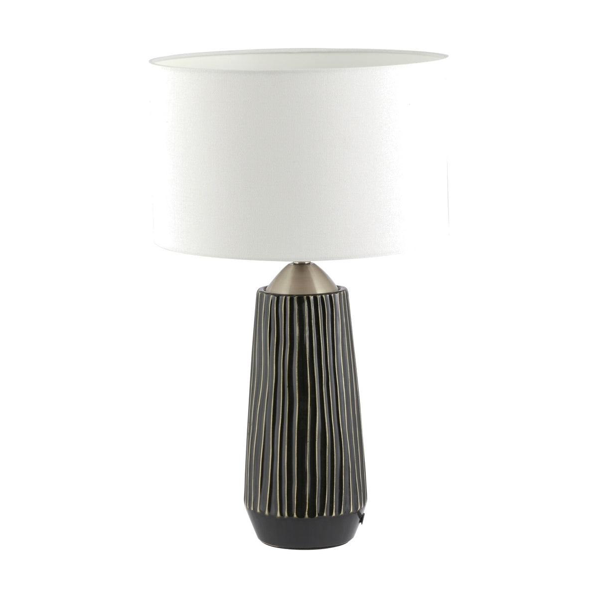 Artemis table lamp with a tall black textured ceramic base, brushed silver neck, and white drum shade, shown on a plain white background.