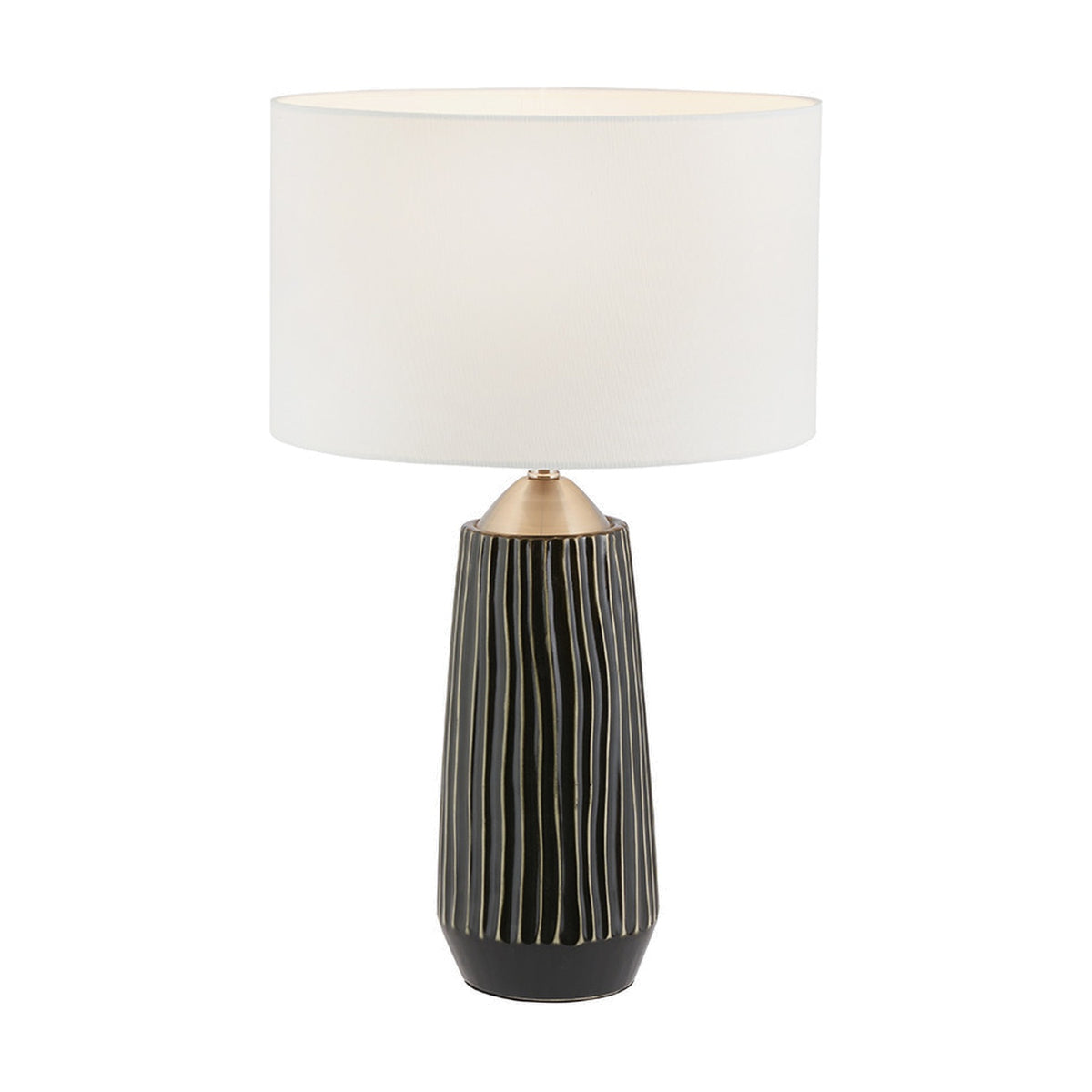 Artemis table lamp with a tall black textured ceramic base, brushed silver collar, and white drum shade, shown on a plain white background.