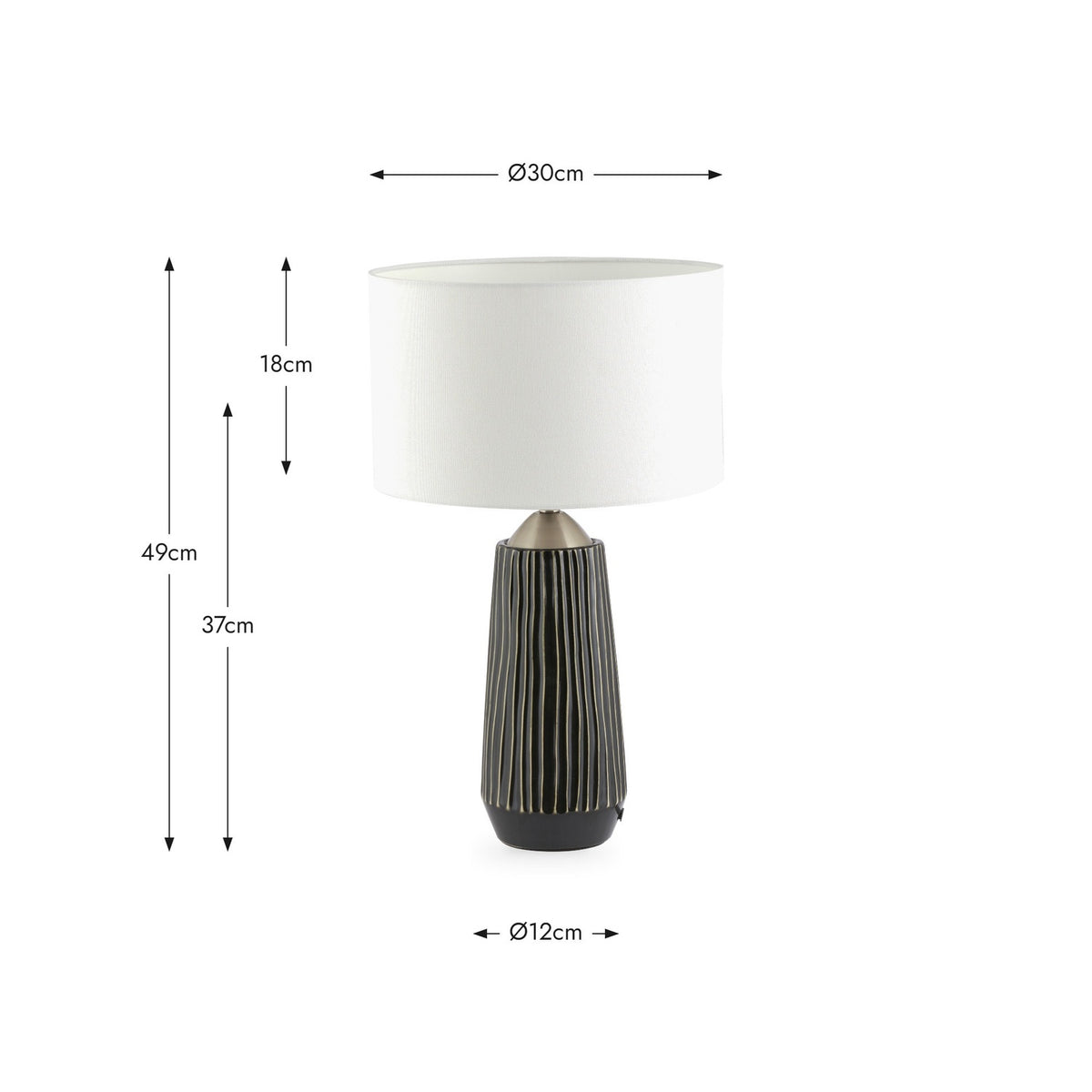 Artemis Black Textured Ceramic & Brushed Silver Tall Table Lamp with white drum shade, shown with dimensions labelled: 49cm height, Ø30cm shade, Ø12cm base, on a plain white background.