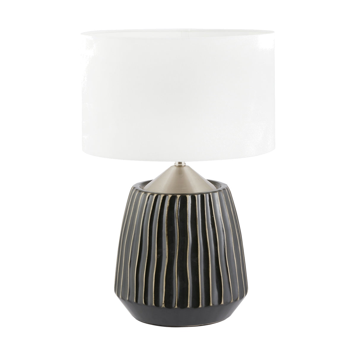 Artemis Black Textured Ceramic & Brushed Silver Table Lamp, 44cm, with ridged black ceramic base and white drum shade on a plain white background.