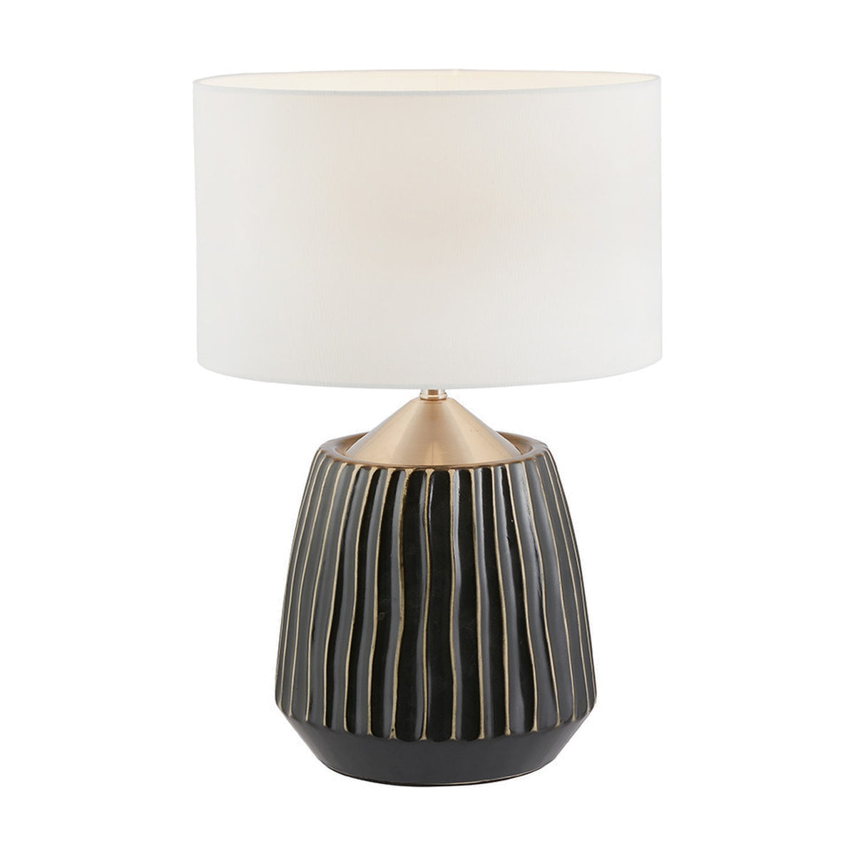 Artemis Black Textured Ceramic & Brushed Silver Table Lamp, 44cm, with ridged ceramic base and white drum shade, shown on a plain white background.