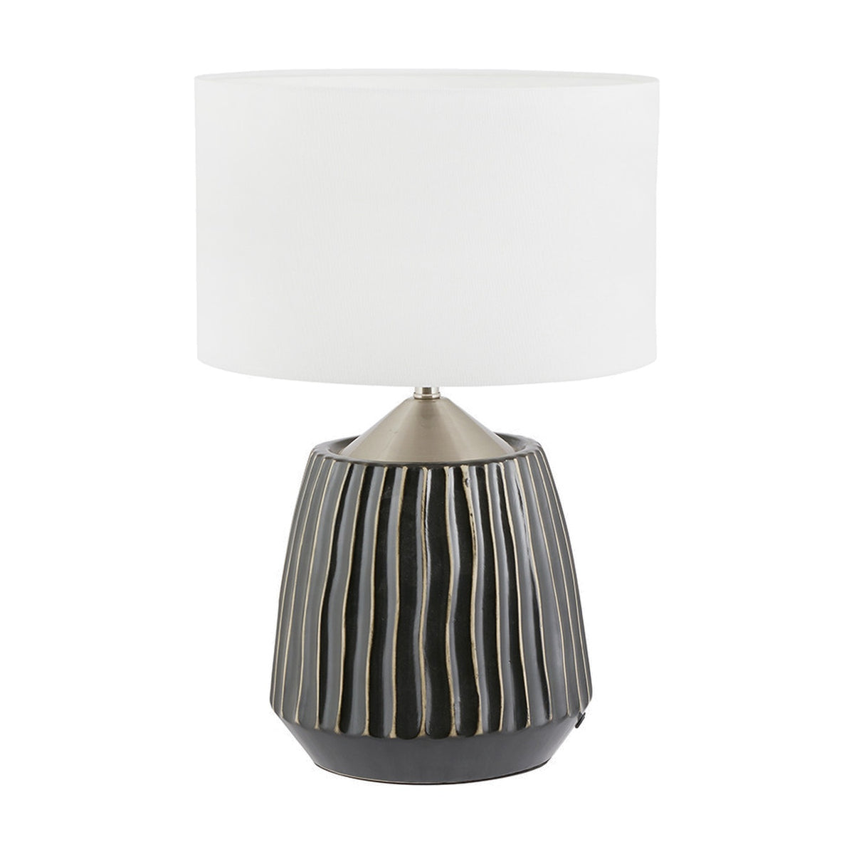 Artemis Black Textured Ceramic & Brushed Silver Table Lamp, 44cm, with ridged ceramic base and white drum shade, shown on a plain white background.