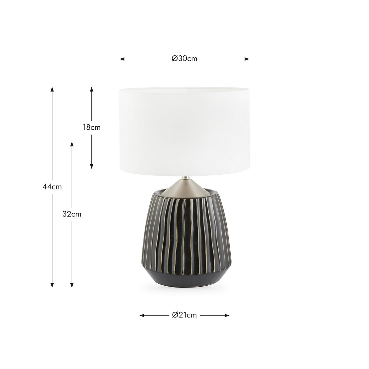Artemis table lamp with a black ridged ceramic base and white drum shade, shown with dimension guides (44cm height, Ø30cm shade, Ø21cm base) on a white background.