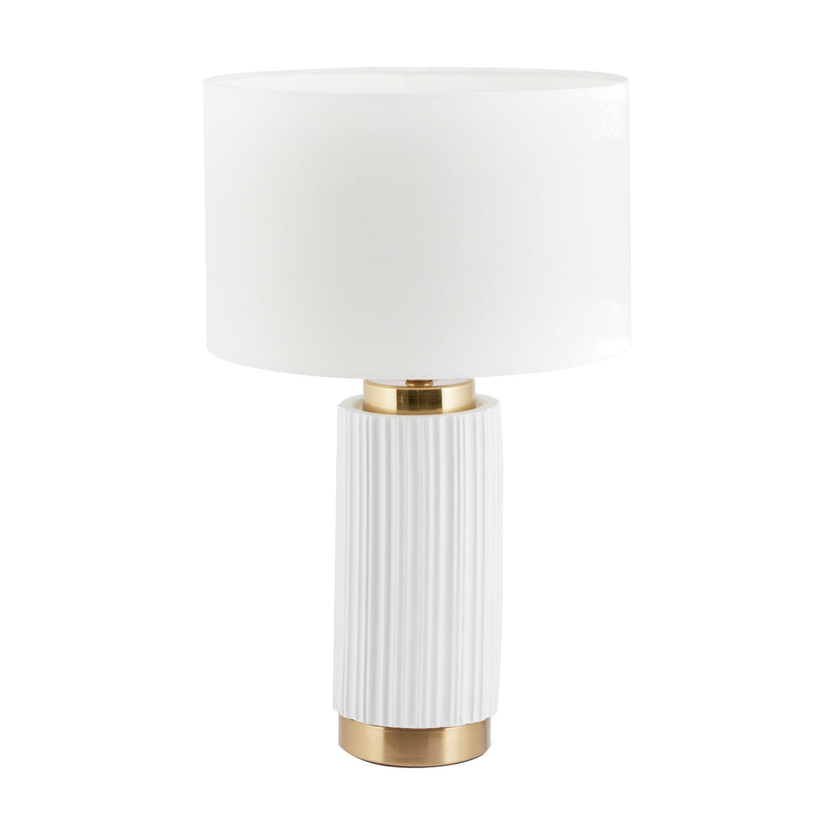 Ionic White Textured Ceramic & Gold Metal Table Lamp, 45cm, with ridged cylindrical base, gold trim, and a white drum shade, shown on a plain white background.