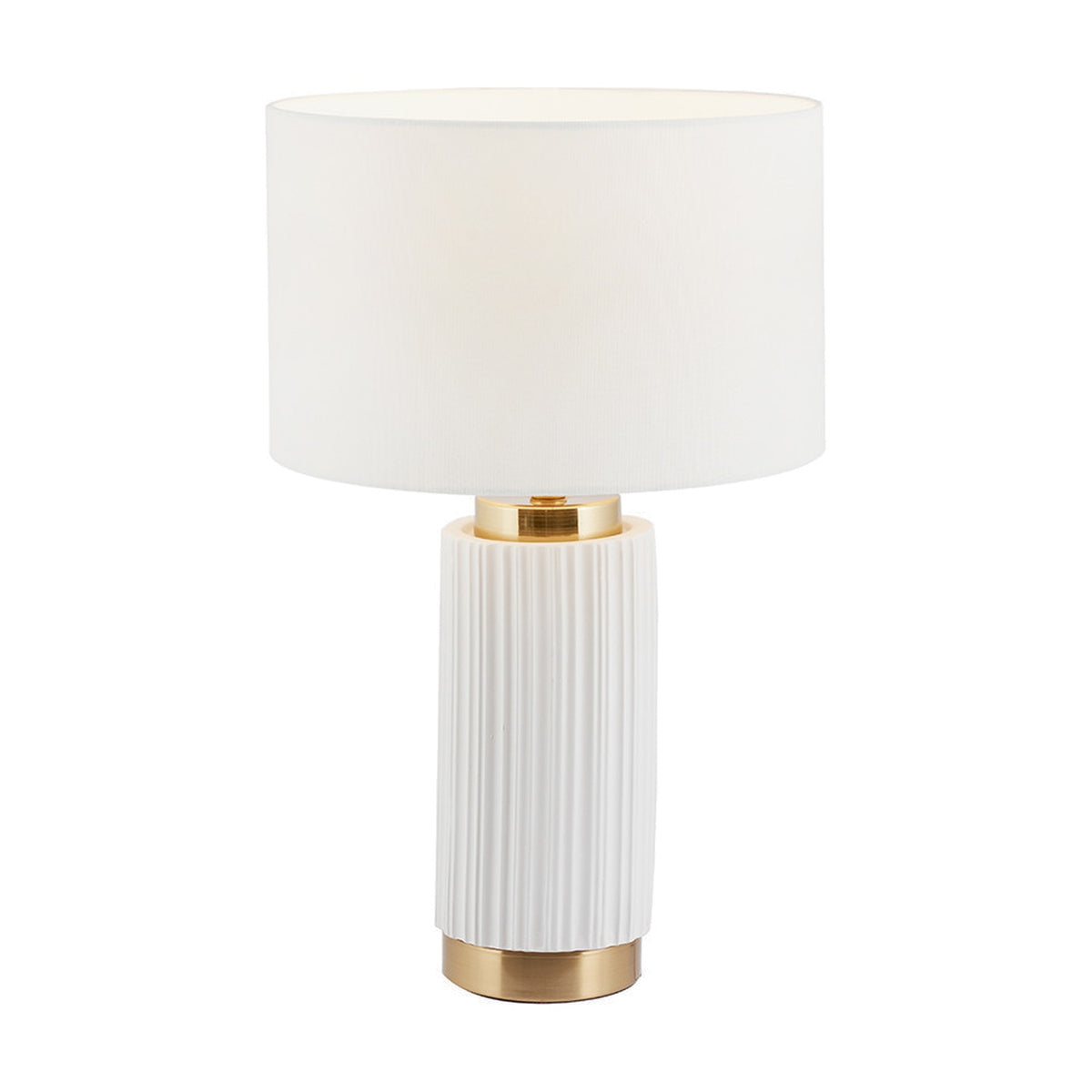 Ionic White Textured Ceramic & Gold Metal Table Lamp, 45cm, with ribbed cylindrical base, gold accents, and white drum shade on a plain background.