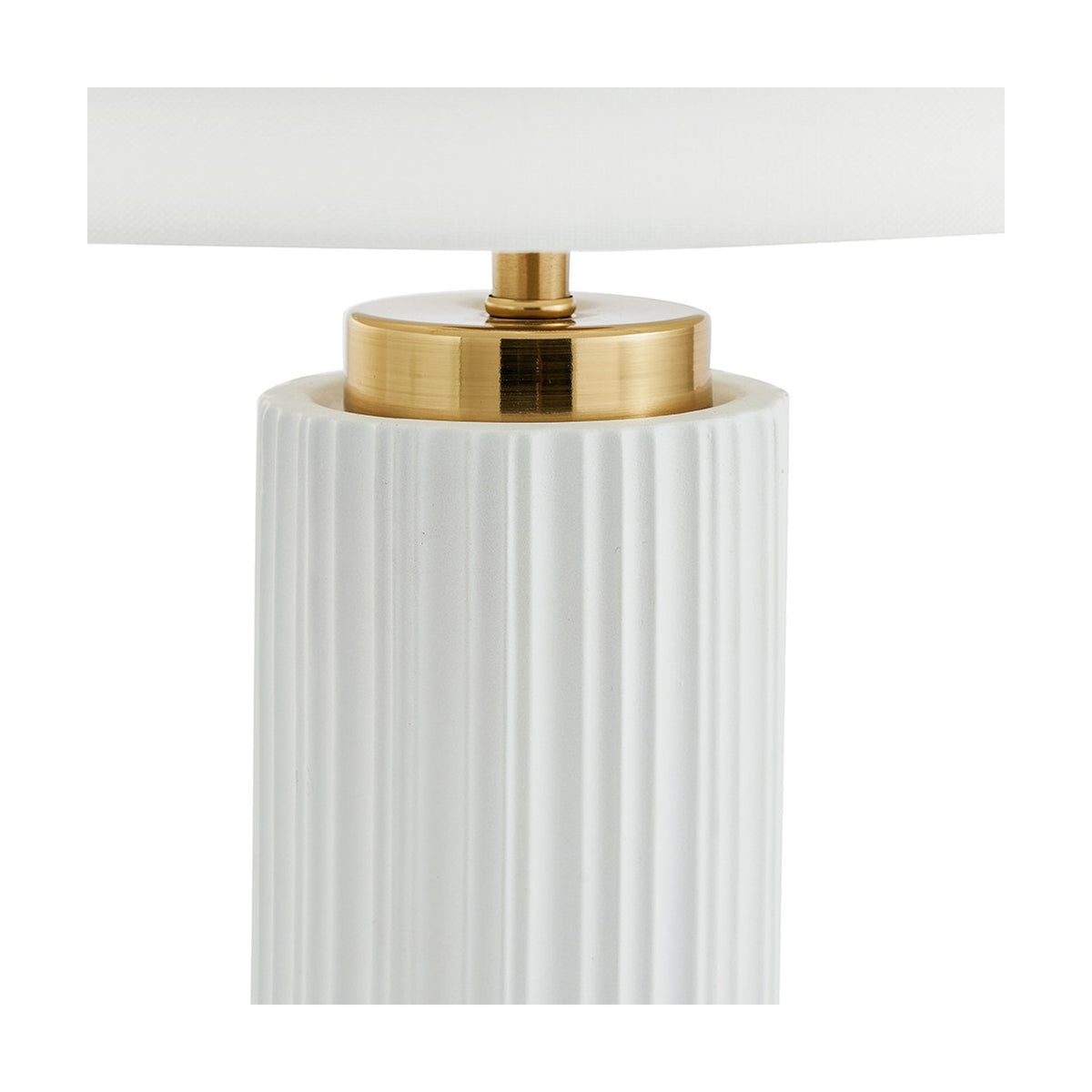 Ionic White Textured Ceramic & Gold Metal Table Lamp, close-up of fluted ceramic base with brushed gold collar and white fabric shade against a plain background.