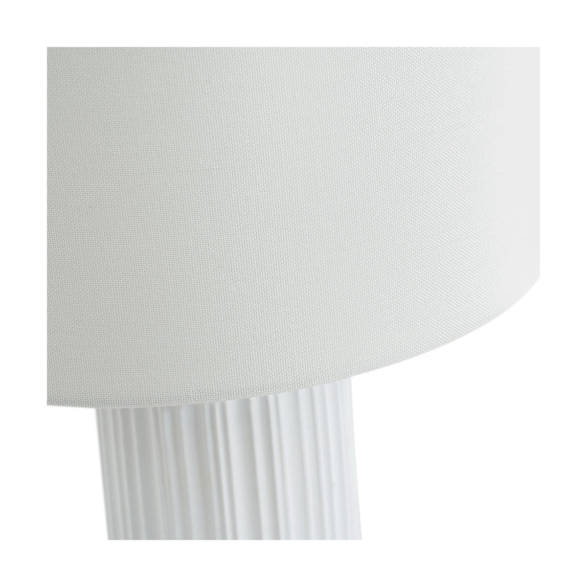 Close-up of the Ionic White Textured Ceramic Table Lamp showing the ridged white ceramic base and curved fabric drum shade edge.