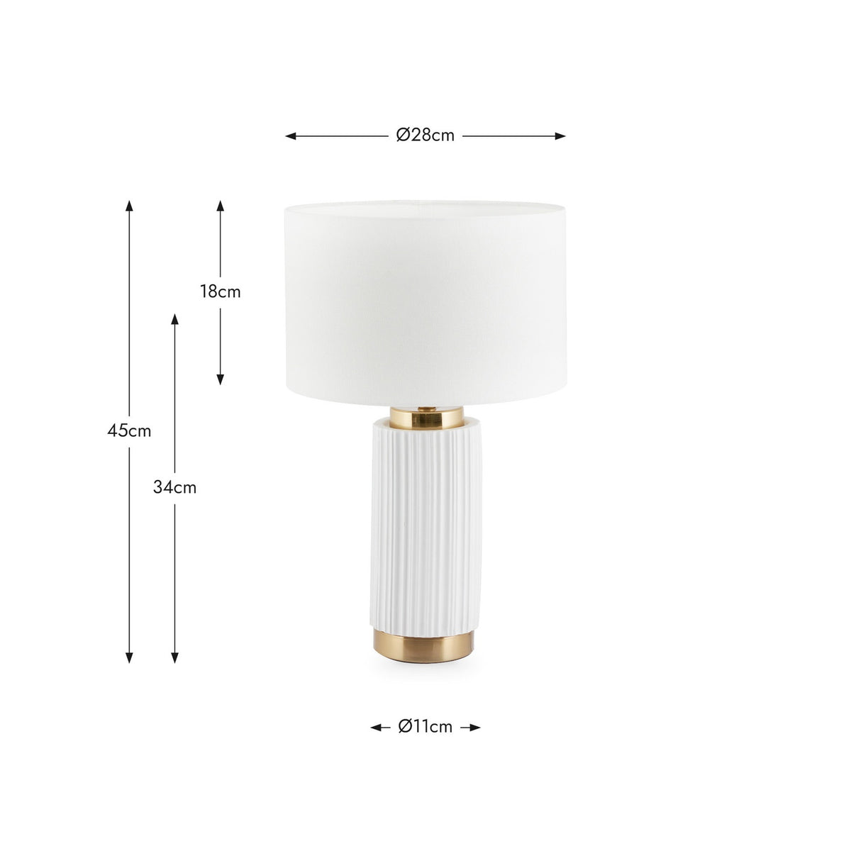 Ionic White Textured Ceramic & Gold Metal Table Lamp, 45cm, with ridged cylindrical base, gold trims, and white drum shade, shown with dimensions on a white background.