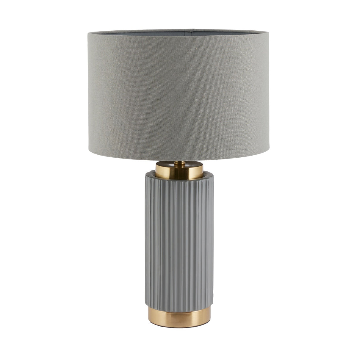 Ionic Grey Textured Ceramic & Gold Metal Table Lamp with a ridged cylindrical base, gold trim, and grey drum shade, shown on a plain white background.