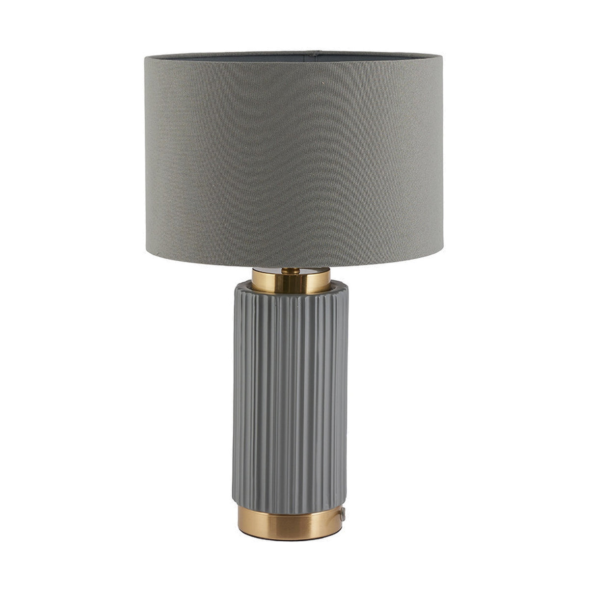 Ionic Grey Textured Ceramic & Gold Metal Table Lamp, 45cm, with a ribbed cylindrical base and grey drum shade on a plain white background.