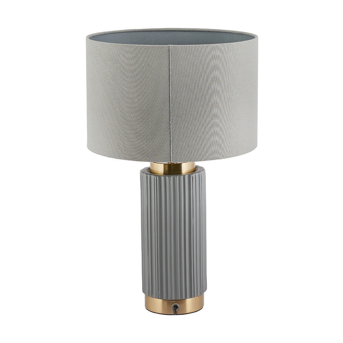 Ionic Grey Textured Ceramic & Gold Metal Table Lamp, 45cm, with ribbed cylindrical base, gold trim, and grey fabric drum shade on a white background.