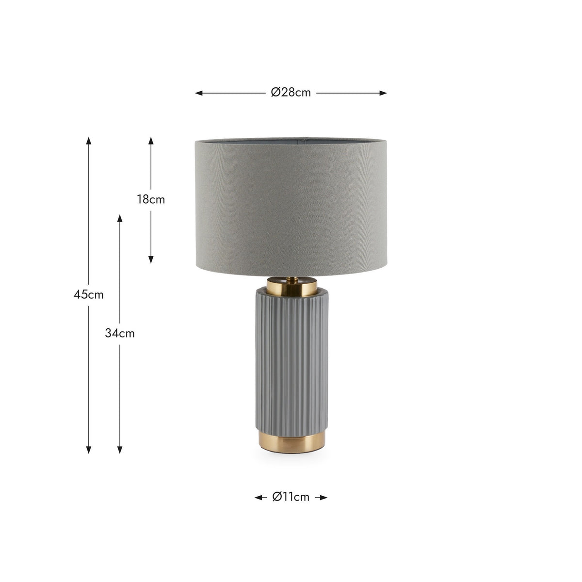 Ionic Grey Textured Ceramic & Gold Metal Table Lamp, 45cm, with ribbed cylindrical base and drum shade, shown with dimensions on a white background.