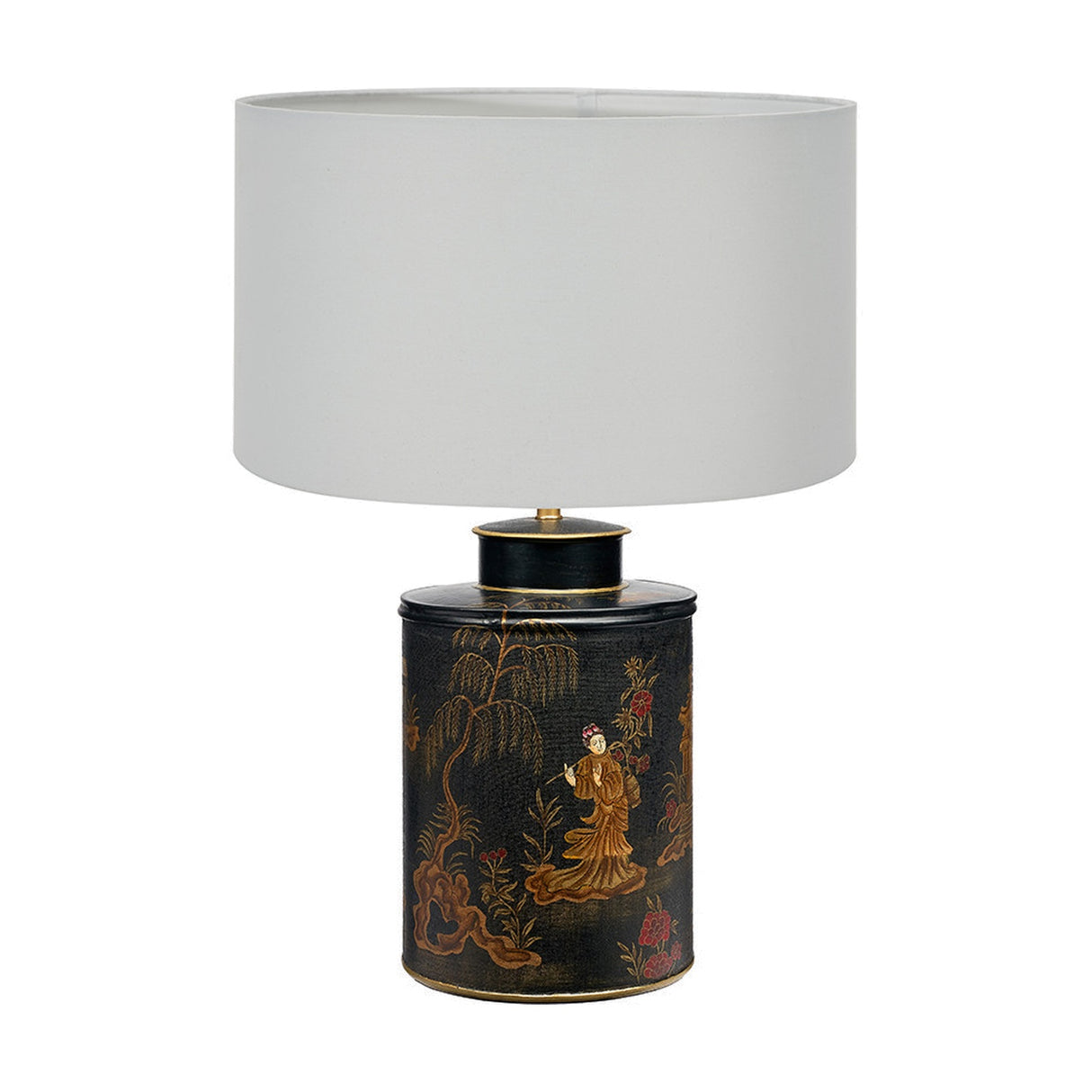 Landscape Black Hand Painted Metal Table Lamp with Ivory Cotton Shade