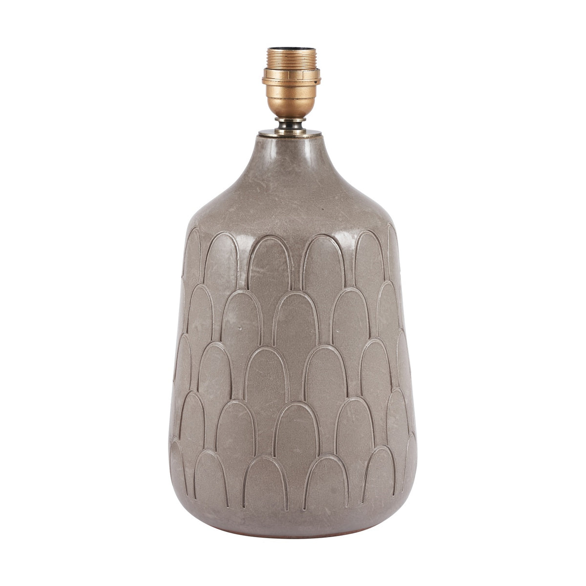 Coco Grey Gloss Arch Design Stoneware Table Lamp Base, 37cm, with textured arch pattern and brass gallery fitting, shown on a plain white background.