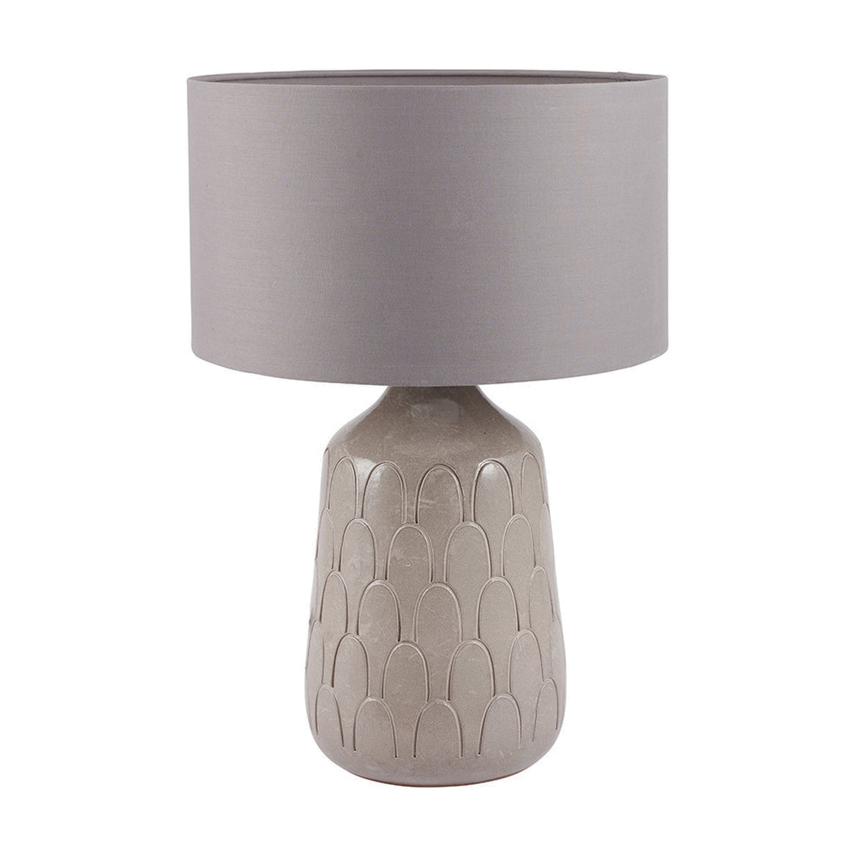 Coco Grey Gloss Arch Design Stoneware Table Lamp with a ceramic base featuring a raised arch pattern, paired with a drum fabric shade, set against a plain white background.