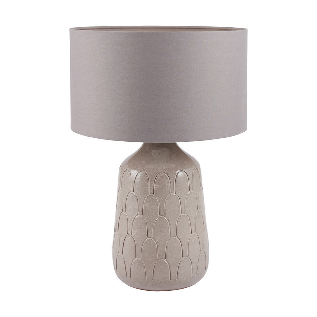 Coco Grey Gloss Arch Design Stoneware table lamp with a textured scalloped ceramic base and a grey drum shade, shown on a plain white background.