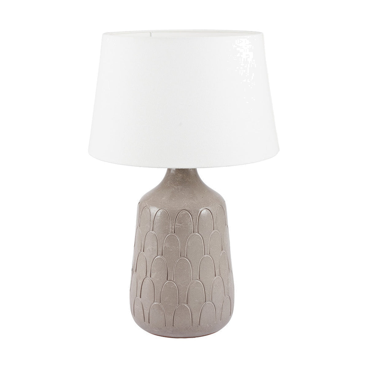 Coco Grey Gloss Arch Design Stoneware table lamp with a scalloped ceramic base and white tapered fabric shade, shown on a plain white background.