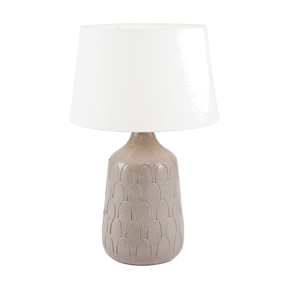 Coco Grey Gloss Arch Design Stoneware table lamp with textured ceramic base and white tapered fabric shade, shown on a plain white background.