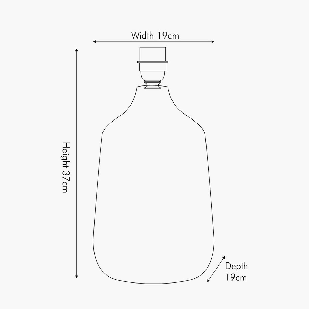 Line drawing of the Coco Grey Gloss Arch Design Stoneware Table Lamp Base showing an arch-shaped ceramic body with fitting, labelled 37cm height, 19cm width and 19cm depth.
