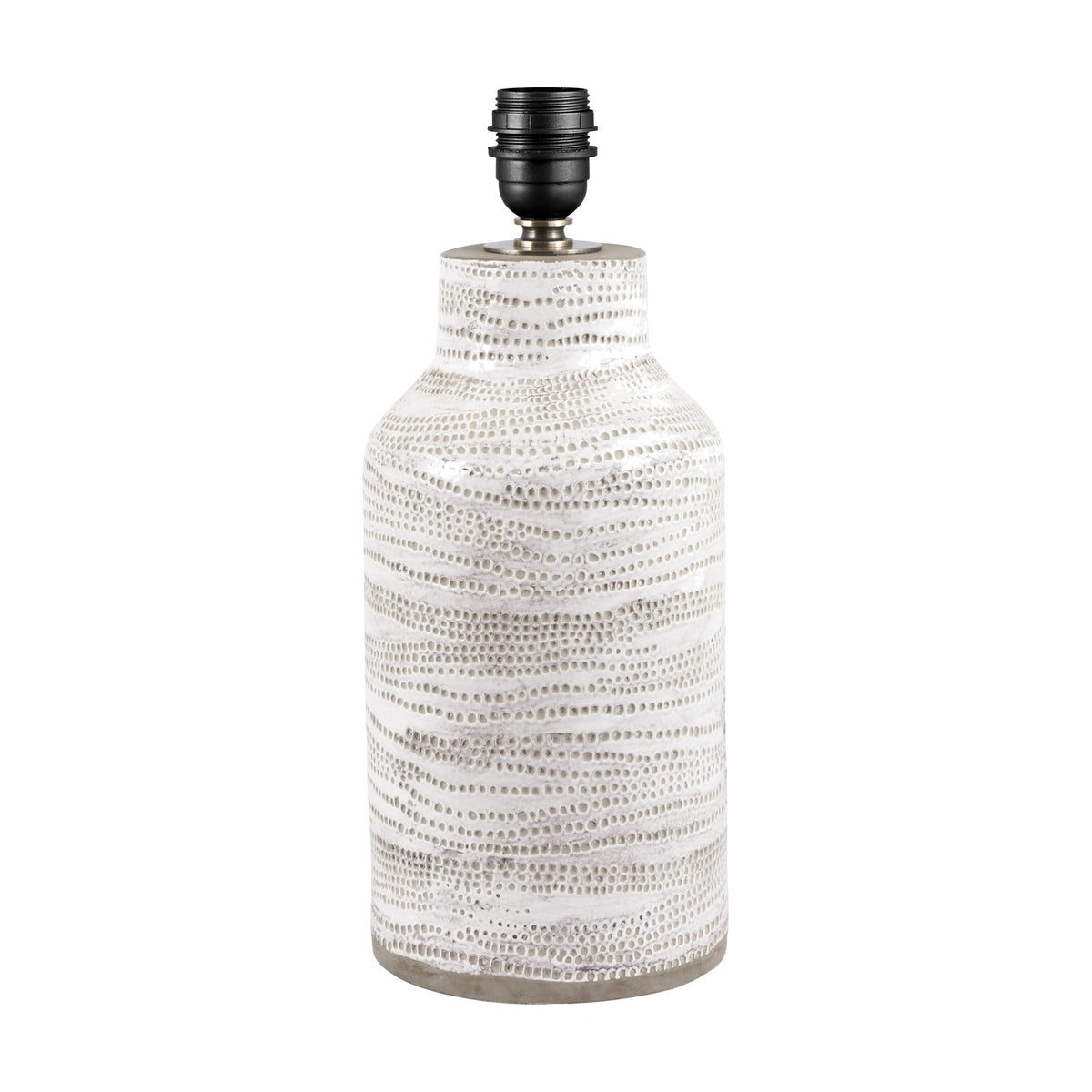 Alina White Dot Design Stoneware Table Lamp Base, 37cm, cylindrical ceramic body with textured dotted pattern and black fitting, shown on a plain white background.