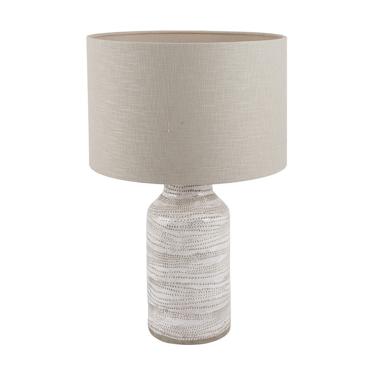 Alina White Dot Design Stoneware Table Lamp, 37cm ceramic base with textured dot pattern, paired with a beige drum shade, on a plain white background.