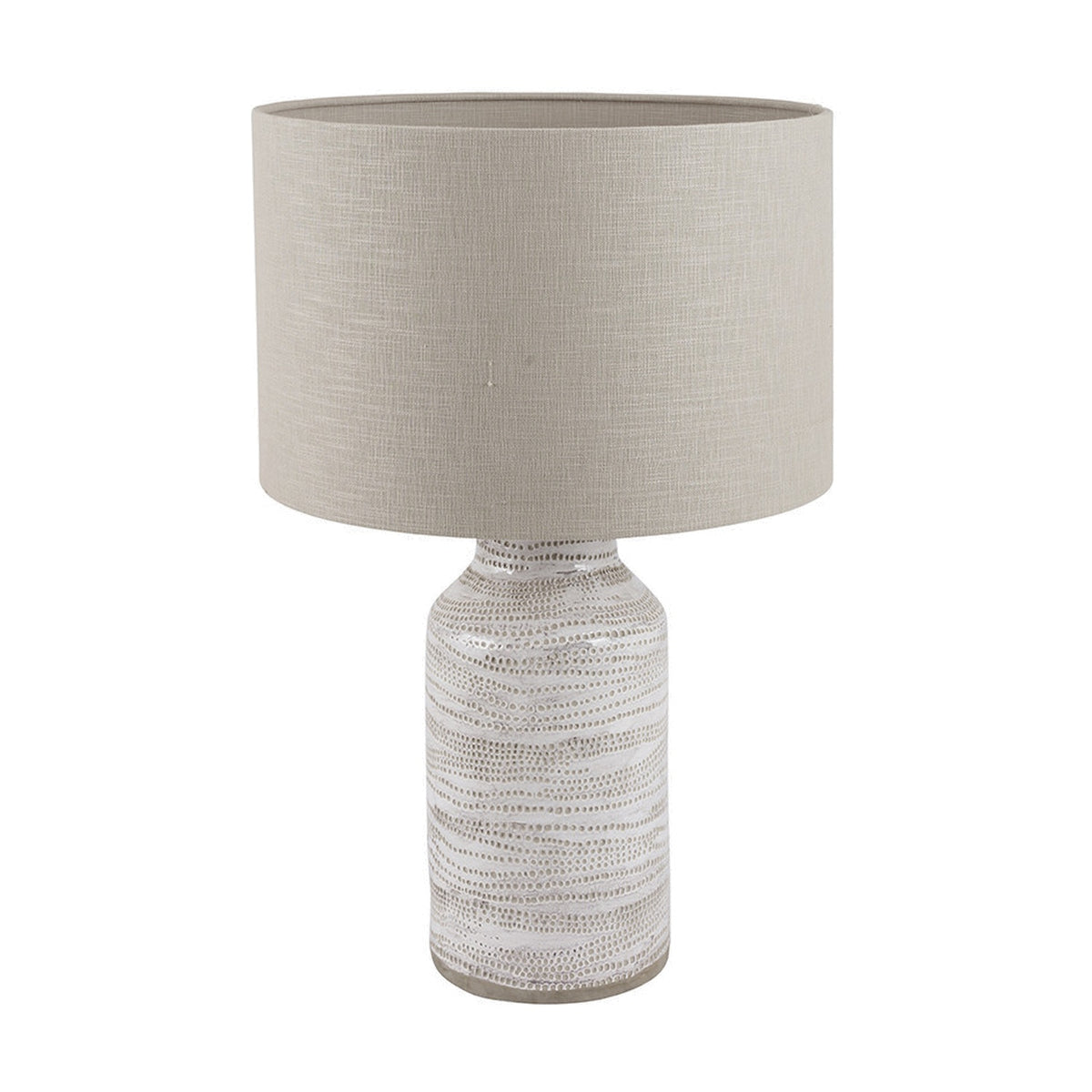 Alina White Dot Design Stoneware Table Lamp, 37cm ceramic base with textured dot pattern, topped with a beige linen drum shade, on a plain white background.