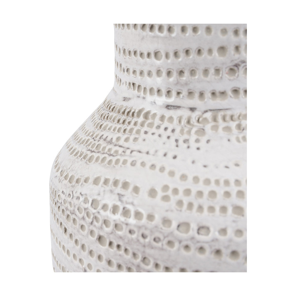 Close-up of the Alina White Dot Design Stoneware Table Lamp Base, 37cm, showing textured ceramic surface with raised dot pattern in white with grey marbled detailing.