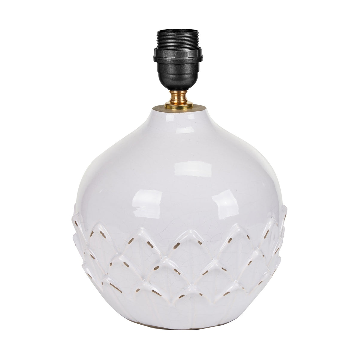 Willow White Leaf Detail Small Stoneware Table Lamp Base, 27cm, with textured lattice pattern at the base and black fitting with brass detail, shown on a plain white background.