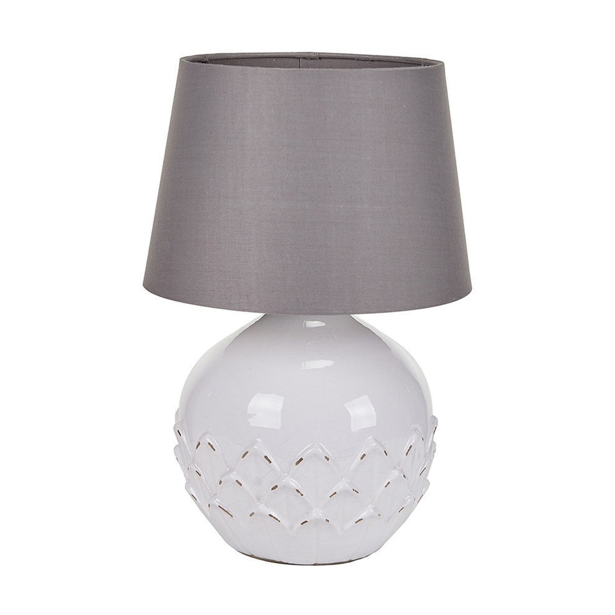 Willow White Leaf Detail Small Stoneware Table Lamp Base with grey tapered fabric shade, round white ceramic base with woven leaf-pattern texture, on a plain white background.