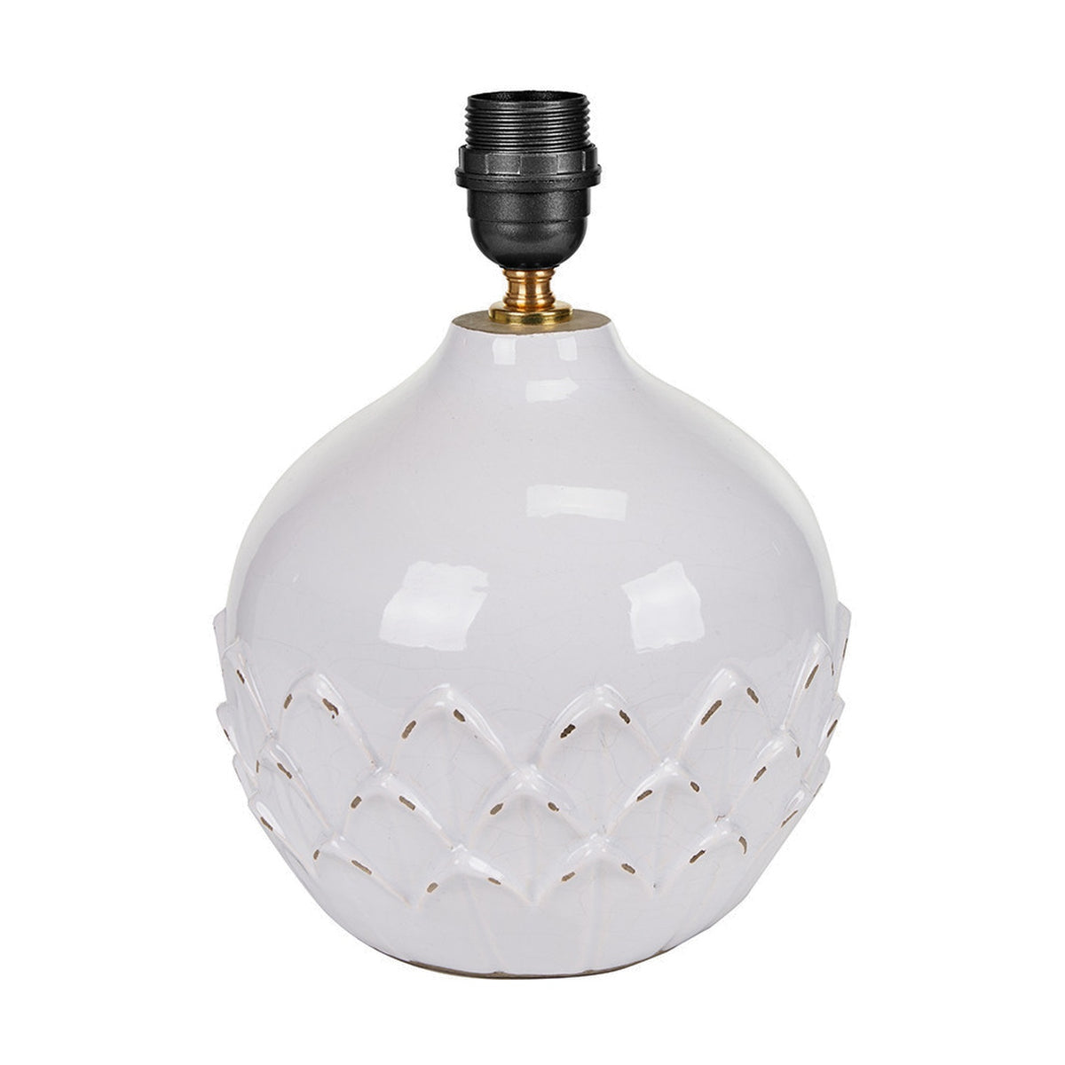 Willow White Leaf Detail Small Stoneware Table Lamp Base, 27cm, with round bulbous white ceramic body, embossed leaf pattern, black fitting and brass detail, on a plain white background.