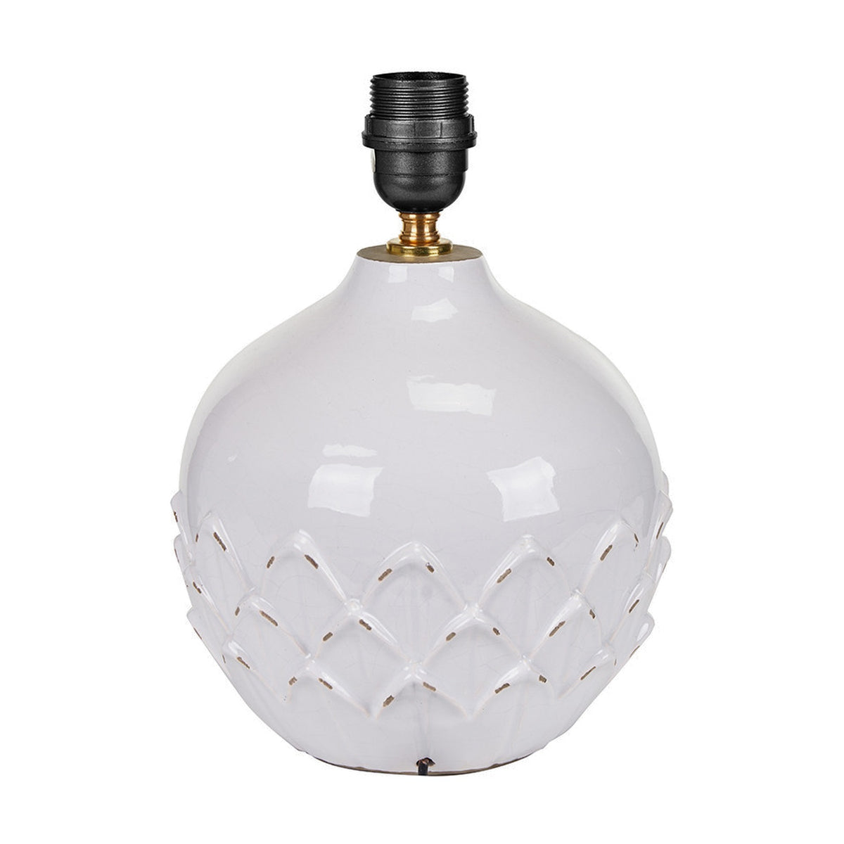 Willow White Leaf Detail Small Stoneware Table Lamp Base, 27cm, round bulbous ceramic body with woven leaf pattern and black E27 fitting, on a plain white background.