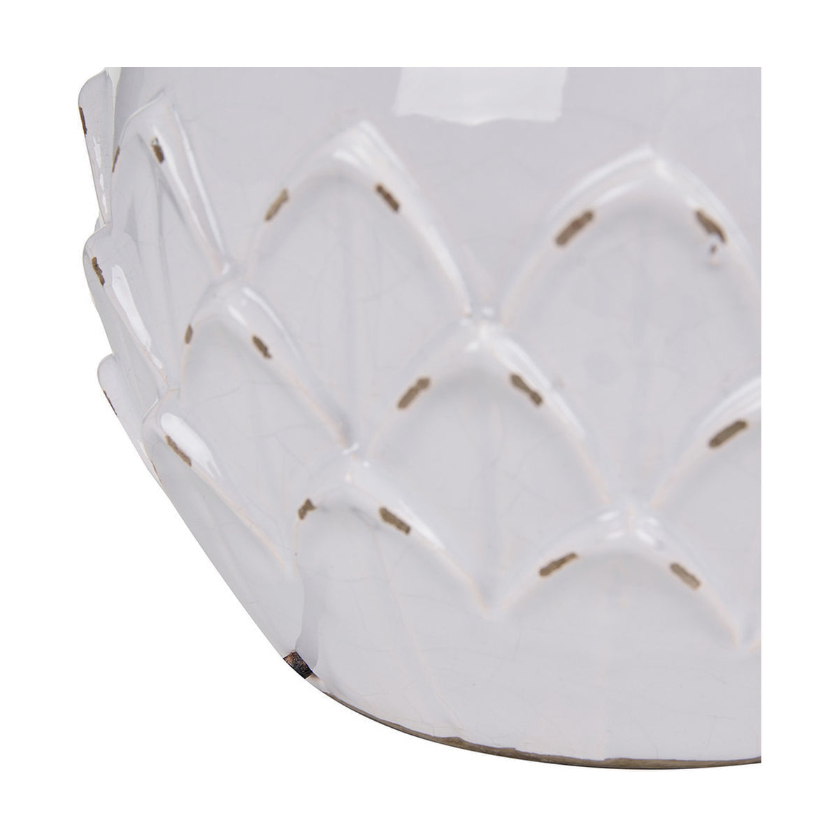 Close-up of the Willow White Leaf Detail Small Stoneware Table Lamp Base, showing textured overlapping leaf-shaped ceramic detail in a white glazed finish against a plain background.