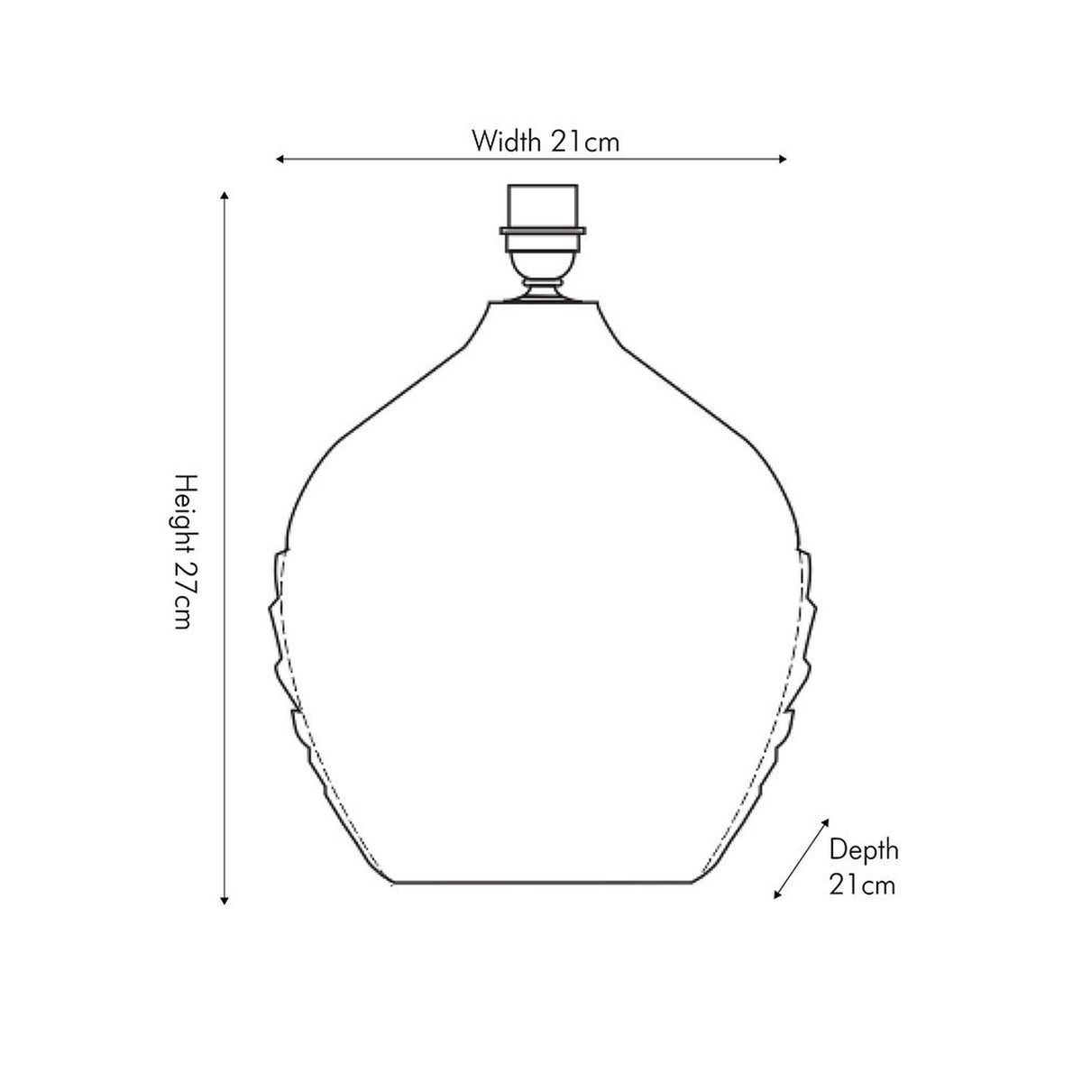 Line drawing of the Willow White Leaf Detail Small Stoneware Table Lamp Base with dimensions labelled: 27cm height, 21cm width, and 21cm depth.