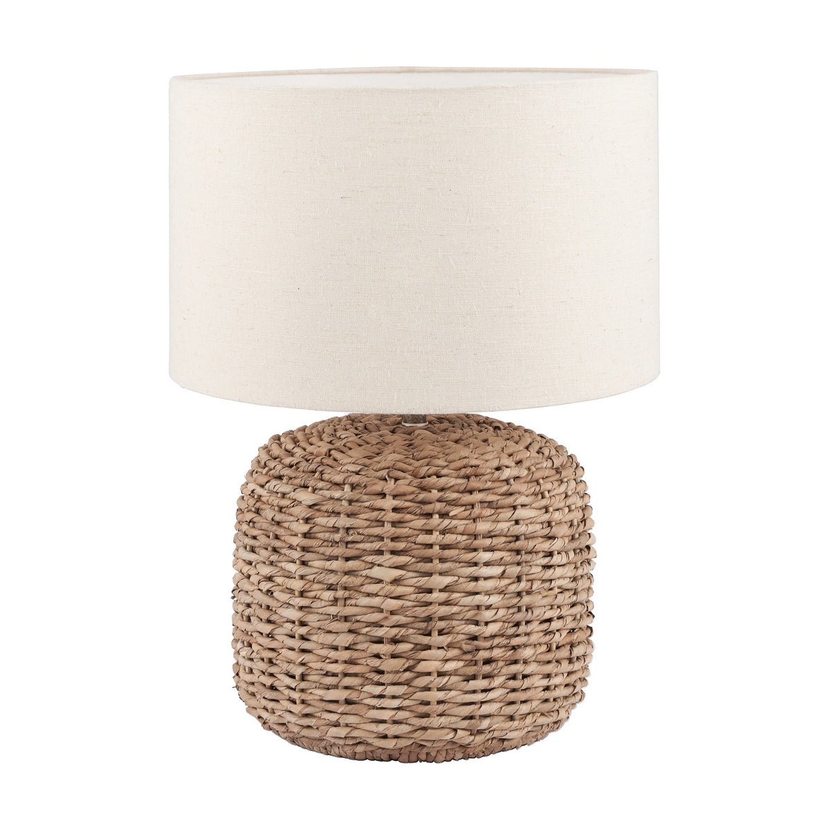Acer Natural Woven Small Table Lamp, 45cm, with a round hand-woven jute base and a cream drum fabric shade, on a plain white background.