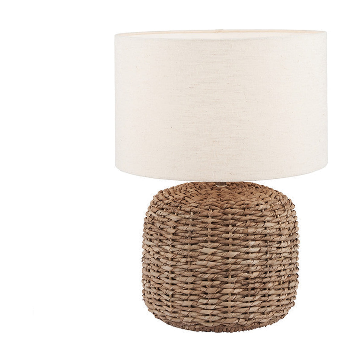 Acer Natural Woven Small Table Lamp, 45cm, with a round drum-shaped cream fabric shade on a woven jute base, shown on a plain white background.