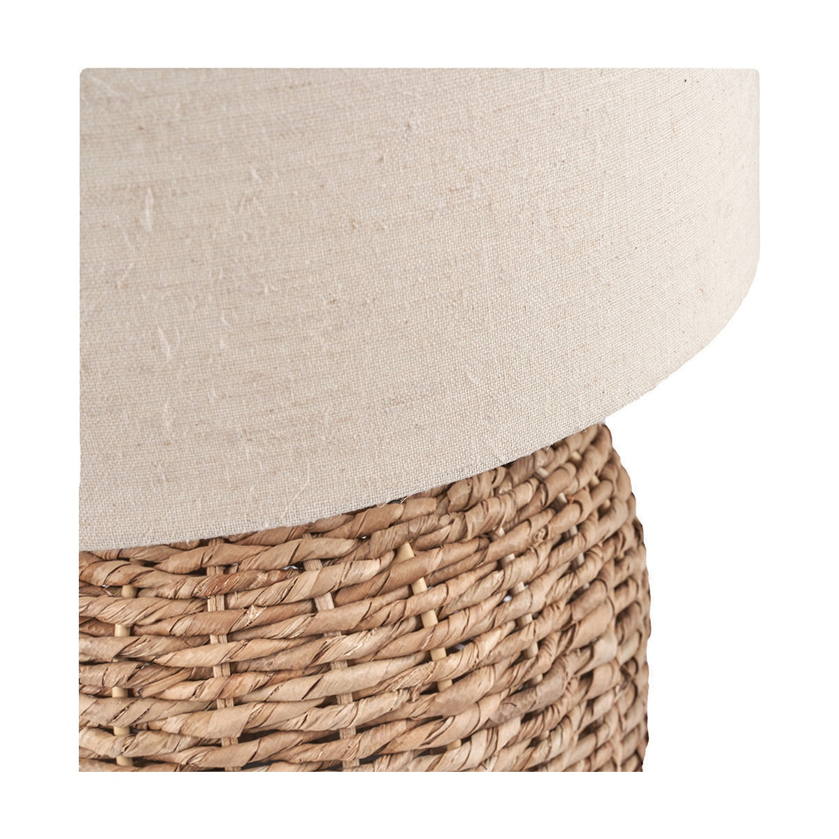 Close-up of the Acer Natural Woven Small Table Lamp, 45cm, showing a cream fabric drum shade sitting atop a hand-woven natural wicker base.