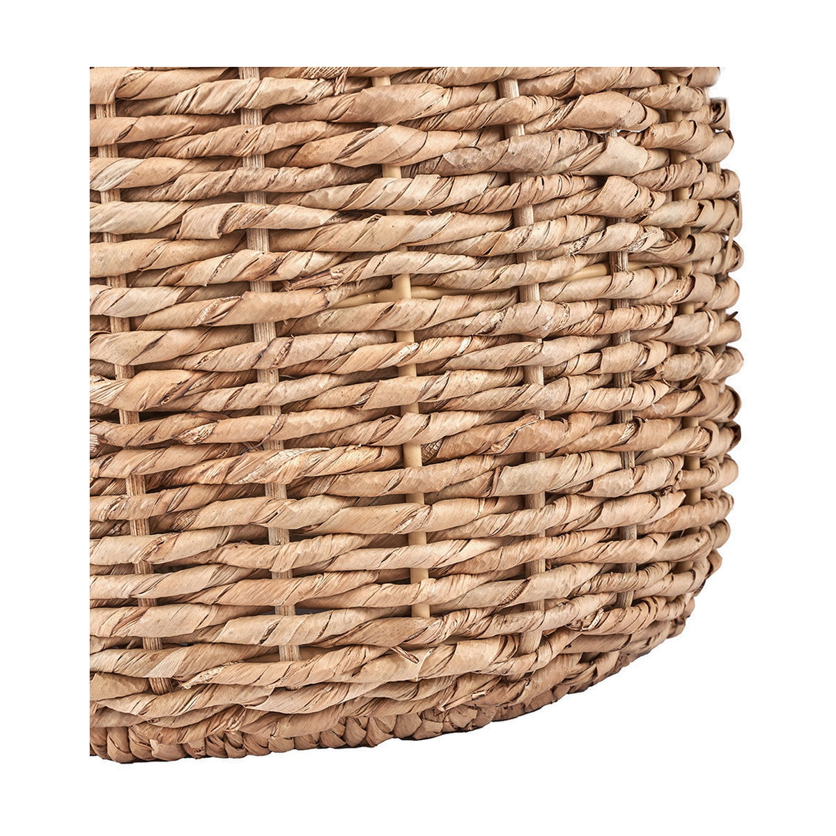 Close-up of the Acer Natural Woven Small Table Lamp's base, showing a tightly hand-woven jute and wicker texture in natural earthy tones on a plain background.