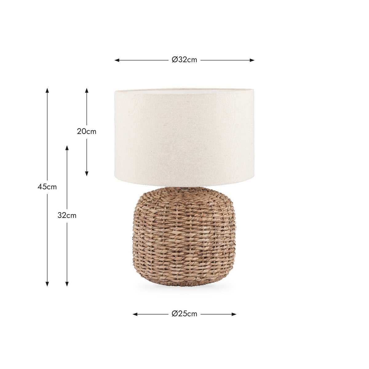 Acer Natural Woven Small Table Lamp with a round woven jute base and cream drum shade, 45cm tall, shown with dimensions on a white background.
