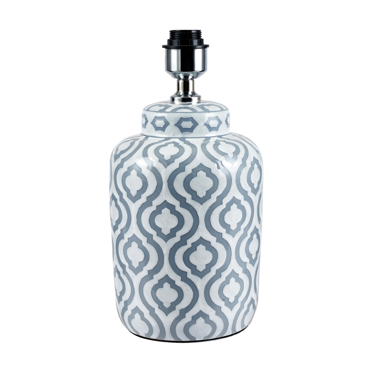 Celia Grey & White Pattern Ceramic Table Lamp Base, 34cm, with a Moroccan-style tile pattern and chrome fitting, shown on a plain white background.