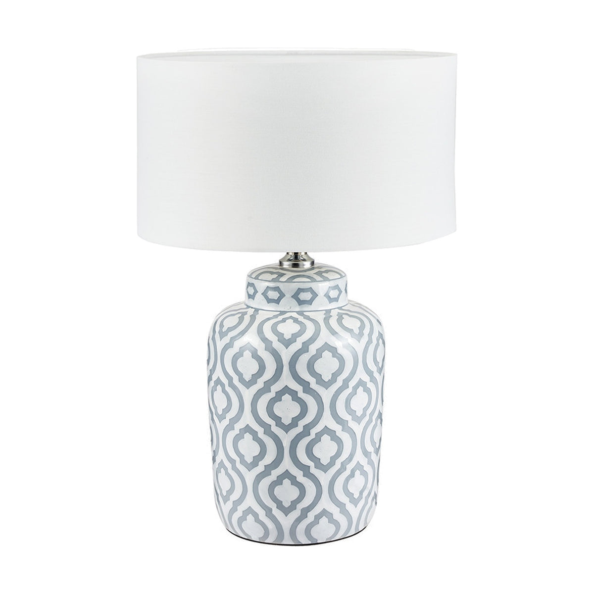 Celia Grey & White Pattern Ceramic Table Lamp with drum-shaped white fabric shade, patterned ceramic base, and silver fittings, shown on a plain white background.