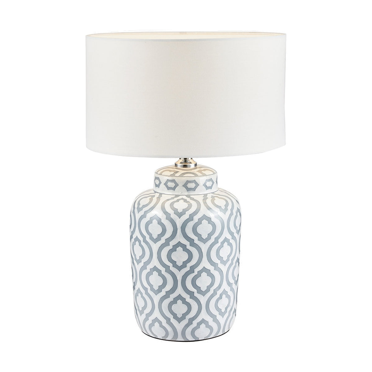 Celia table lamp with a 34cm grey and white patterned ceramic base, topped with a drum-shaped white fabric shade, shown on a plain background.