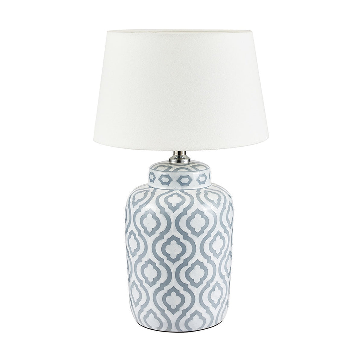 Celia table lamp with a 34cm grey and white patterned ceramic base and a cream tapered fabric shade, shown on a plain white background.
