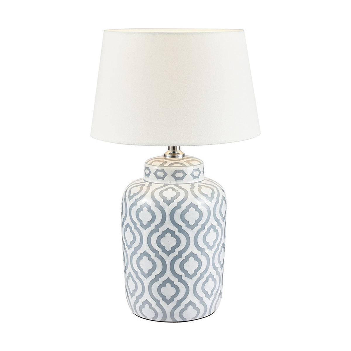 Celia table lamp with a grey and white patterned ceramic base and a plain ivory fabric shade, shown against a white background.