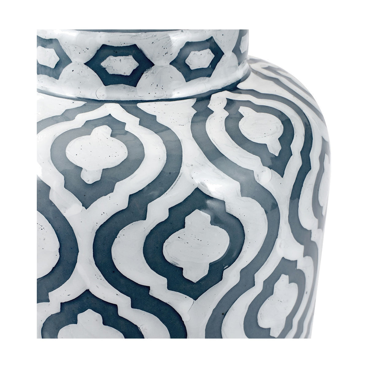 Close-up of the Celia ceramic table lamp base in grey and white, showing an ogee-style patterned design with a glossy finish.
