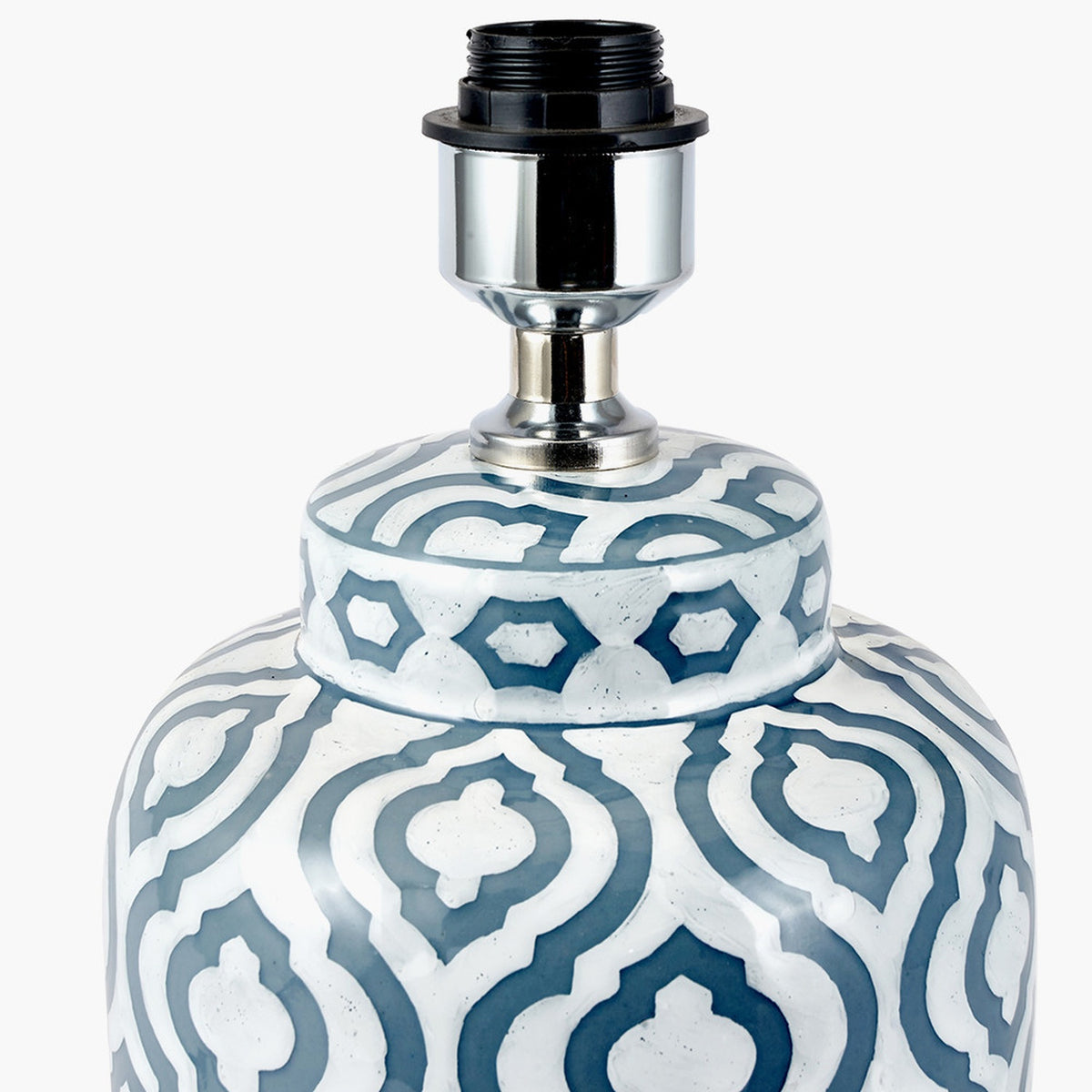 Celia Grey & White Pattern Ceramic Table Lamp Base, 34cm, close-up of chrome fitting atop a patterned grey and white ceramic urn-shaped base on a plain background.
