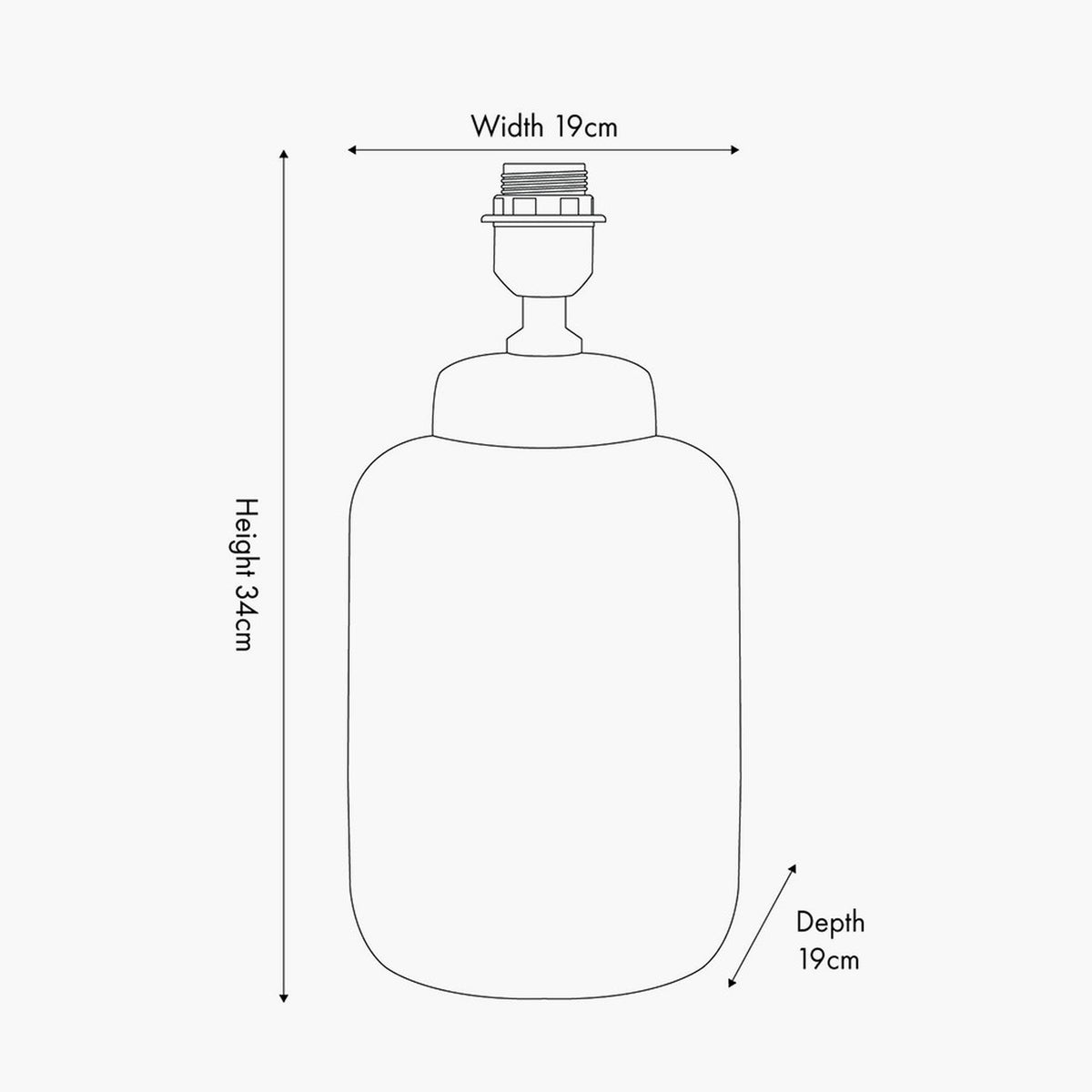 Line drawing of the Celia Grey & White Pattern Ceramic Table Lamp Base showing dimensions: 34cm height, 19cm width, 19cm depth, with visible lamp fitting at top.