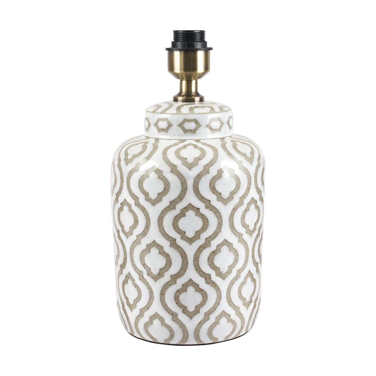 Celia Taupe & White Pattern Ceramic Table Lamp Base, 34cm, with a rounded body in a quatrefoil trellis design and brass-tone fitting, on a plain white background.