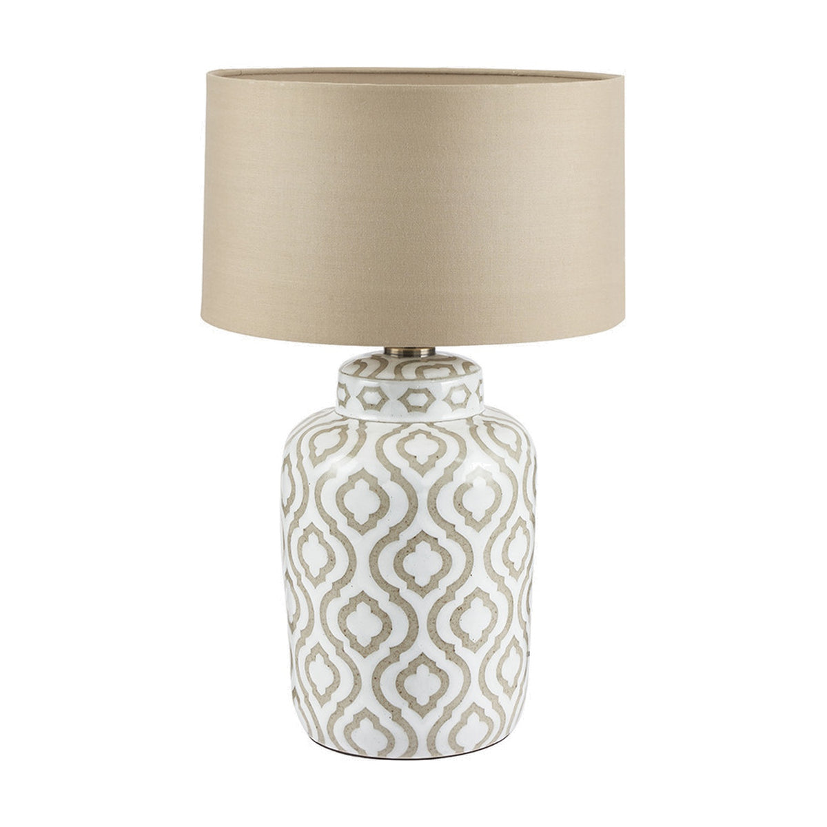 Celia Taupe & White Pattern Ceramic Table Lamp with a Moroccan-style tiled base and a taupe drum shade, shown on a plain white background.