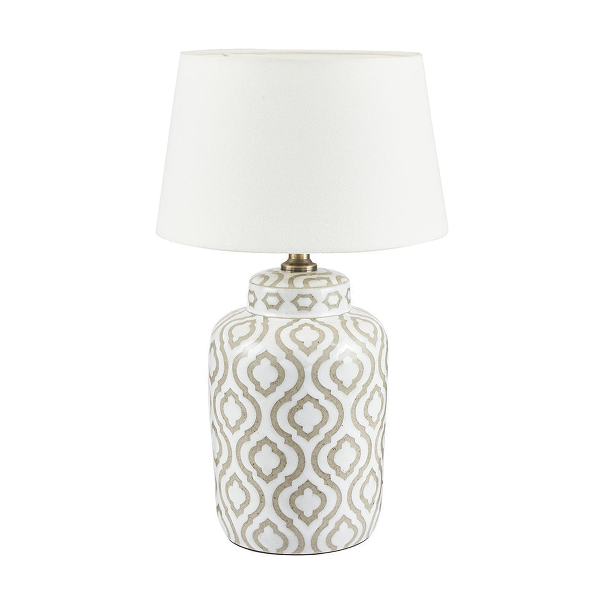 Celia Taupe & White Pattern Ceramic Table Lamp Base with tapered white fabric shade, patterned ceramic body, and antique brass fitting, shown on a plain white background.