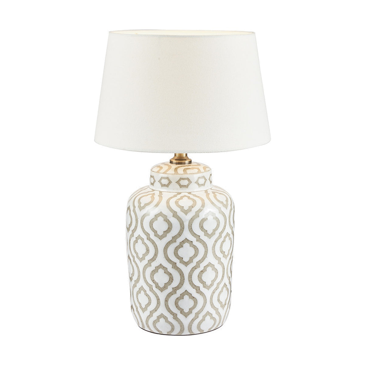 Celia Taupe & White Pattern Ceramic Table Lamp with tapered ivory fabric shade, featuring a Moroccan-inspired trellis design on a white base, shown on a plain background.